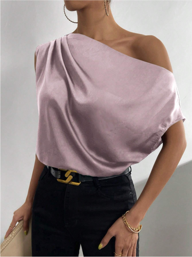 Picture of 2025 Spring Solid Color Satin Simulated Silk Irregular Sloping Shoulder One-Neck Pullover Sleeveless Shirt Women's European and American Clothing