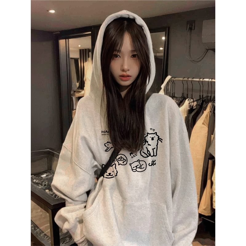 Picture of White Flower Grey Hooded Sweatshirt Women's 2024 New Spring and Autumn Thin Simple Style Early Autumn Long Sleeve Coat Design Sense Top