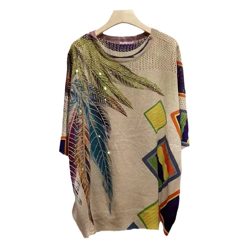 plus size Top Women's New 20234 Knitted Crew Neck Unique and Unique Korean Style Heavy Industry Hot Drilling Printing Fashion