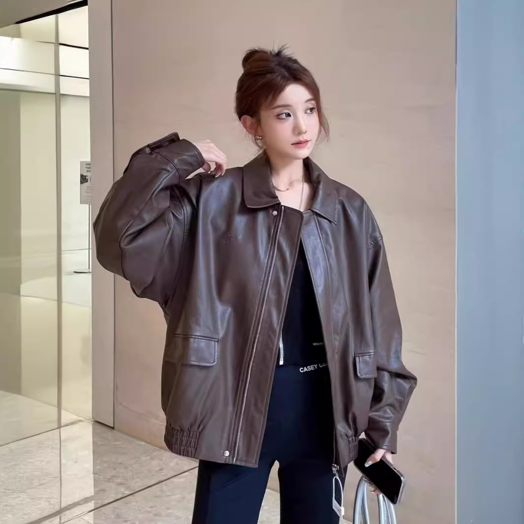 Picture of American Retro Brown Pu Leather Jacket for Women Spring & Fall 2023 New Oversize Niche Motorcycle Jacket Top