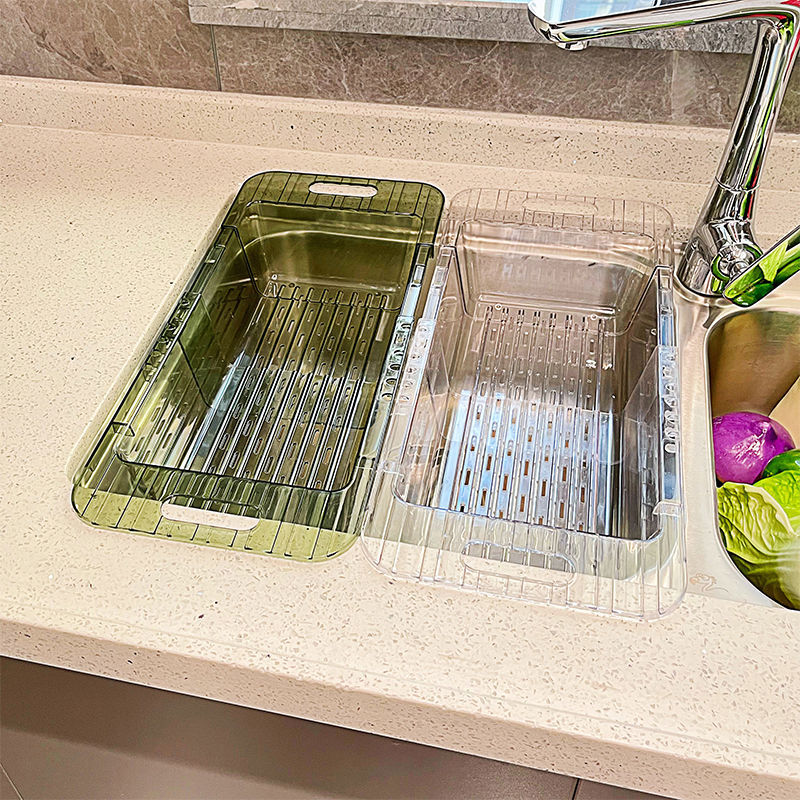 Picture of Kitchen Extendable Drain Rack Vegetable Washing Basin Drain Basket Household Plastic Sink Water Drainage Basket Sink Vegetable Basket Storage Rack