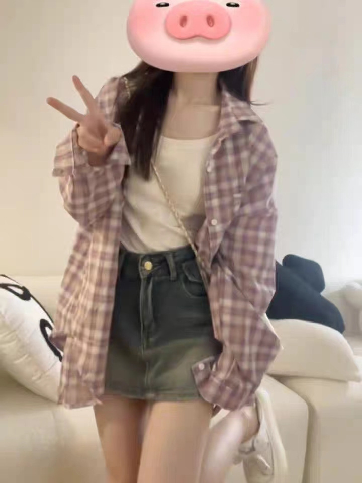 [Self-set Factory Original Fabric] Taro Purple Plaid Shirt Jacket Women's Design Sense Niche Power Wear