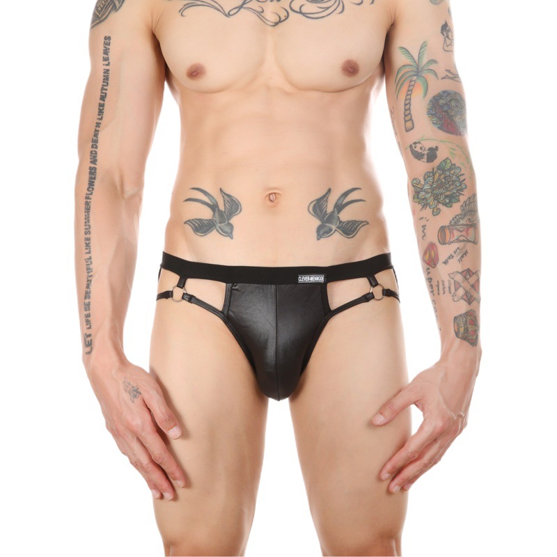 European and American men's back empty sexy underwear briefs metal ring decoration imitation leather underwear spot a generation of hair