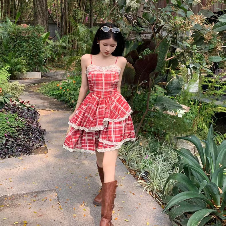 Picture of Vacation Style Amazing Beautiful Dress 2023 Summer New Lace Edge Plaid Slip Skirt High Waist White Cake Skirt