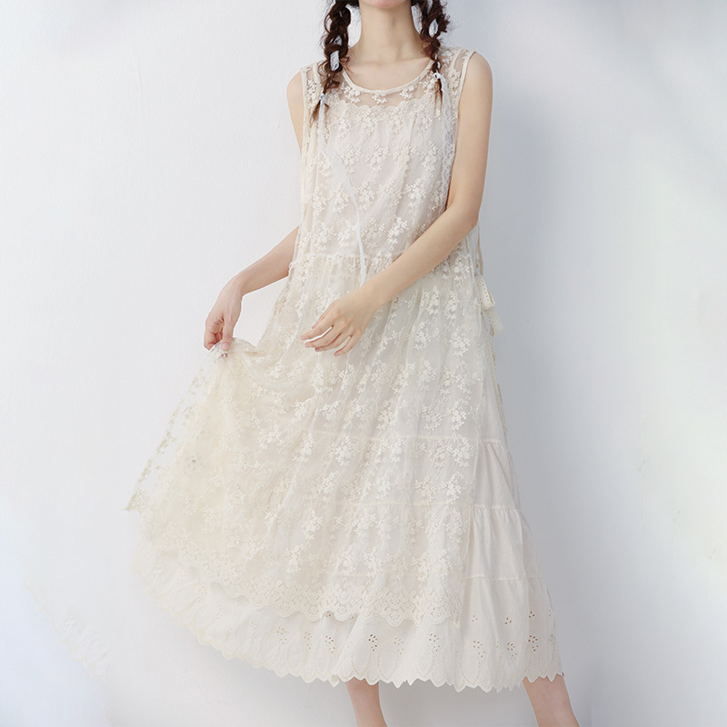 Mori Style Sweet Artistic Fresh Lace Embroidered Vest dress Summer New Arrival Stacked All-match Midi Dress Mandara Jacket
