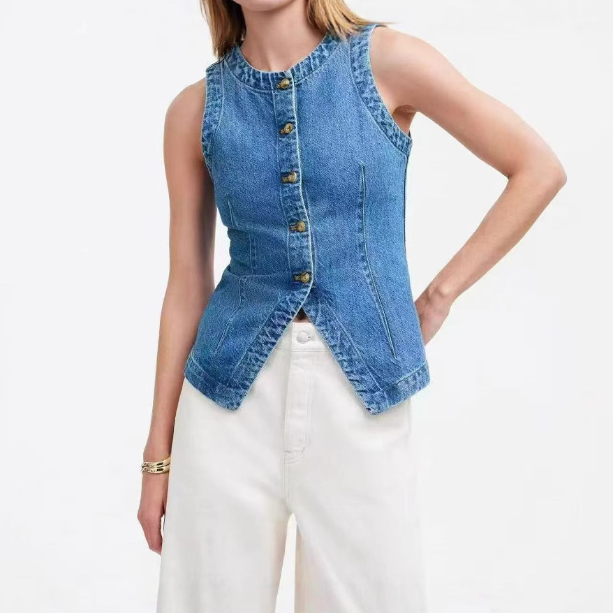 Picture of European and American Foreign Trade Cross-Border Women's Clothing Autum New Amazon Washed Button Round Neck Sleeveless Denim Vest