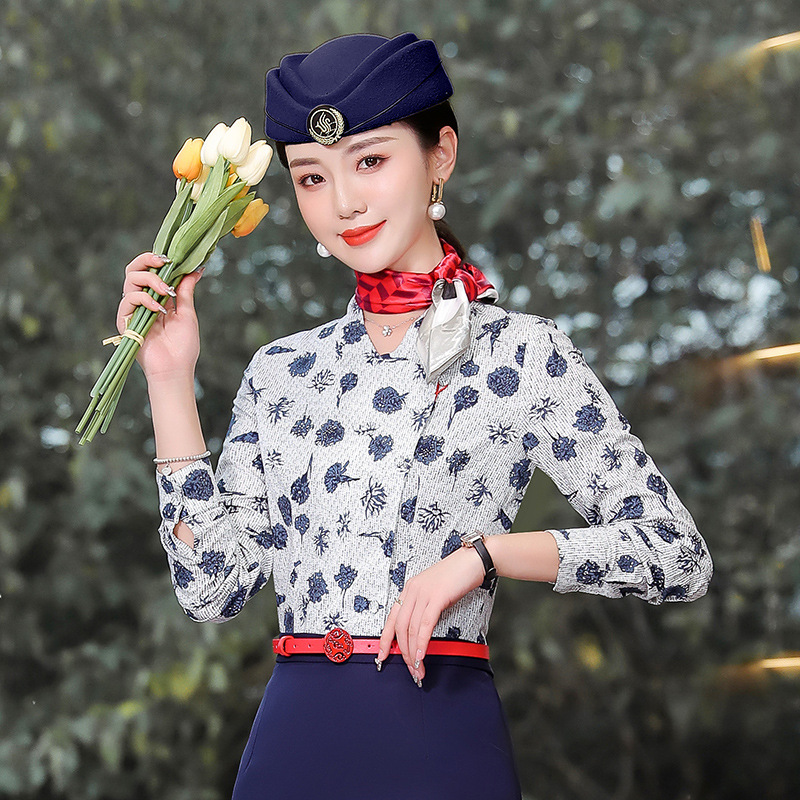 Picture of Factory New Summer Fashion Work Shirt Women's Short-Sleeved Printed Retro Stewardess Professional Shirt Hotel Meal Source Factory