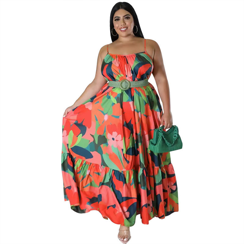 Picture of 211259 New Summer Product European and American Sexy Off-Shoulder Pleated Long Plus Size Women's Fashion Printed Suspender Dress
