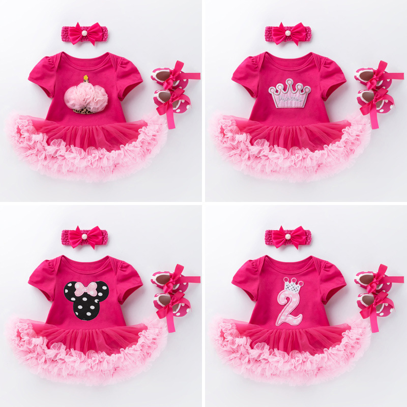 Picture of Cross-Border 2025 New Summer Clothes for Baby Girls Holiday Cartoon Short-Sleeved Rose Red Harem Skirt Three-Piece Suit Birthday Children's Skirt