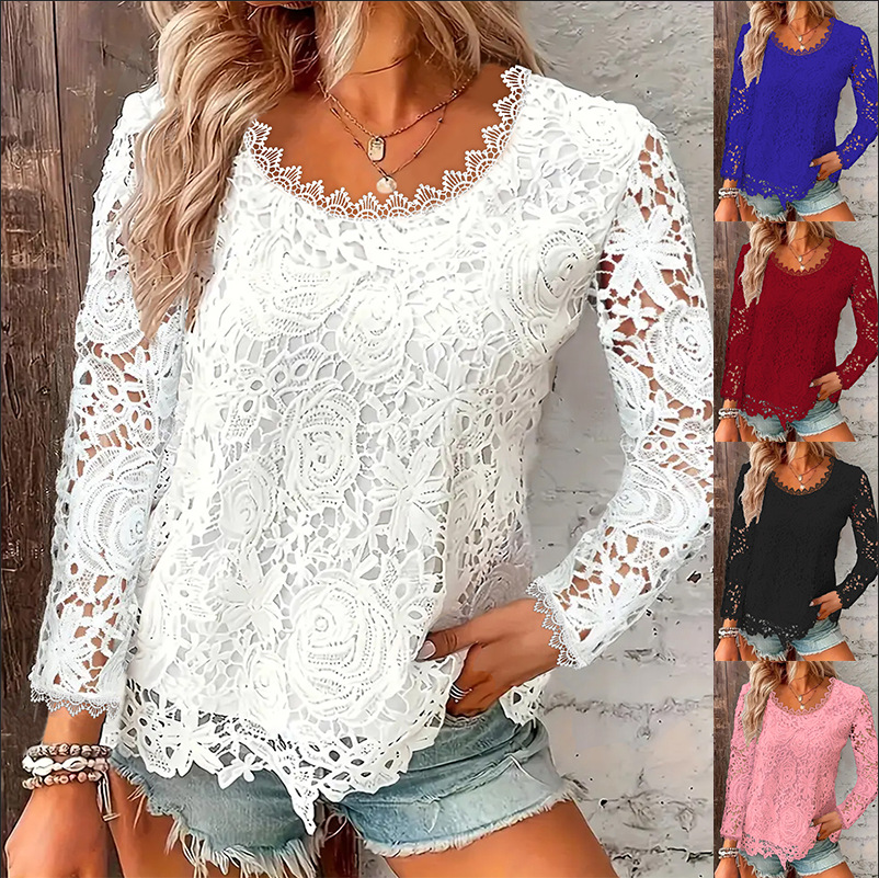 2024 New AliExpress Amazon European and American Fashion Women's Solid Color Long Sleeve Round Neck Lace Top