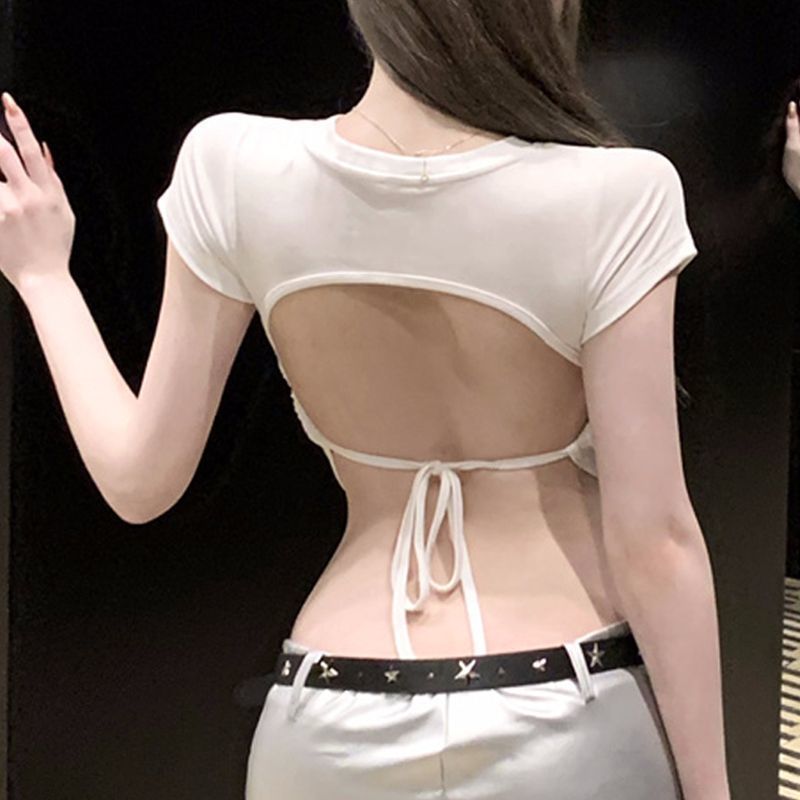 Picture of Pure Desire Backless Tight High Waist Short-Sleeved T-Shirt Women's Black Hot Girl Strap Slim-Fit Chic Short Top New Style