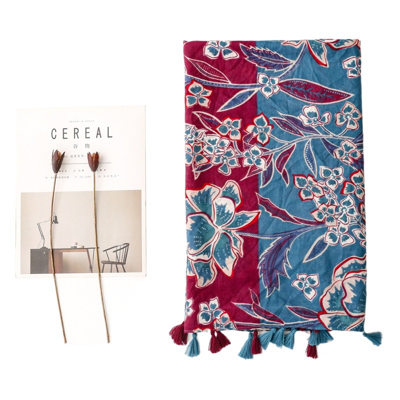 Soft Cotton and Linen Hand-feel Scarf Women's Spring and Summer Dark Red and Blue Flower Scarf Travel Sunscreen Shawl Scarf Decoration