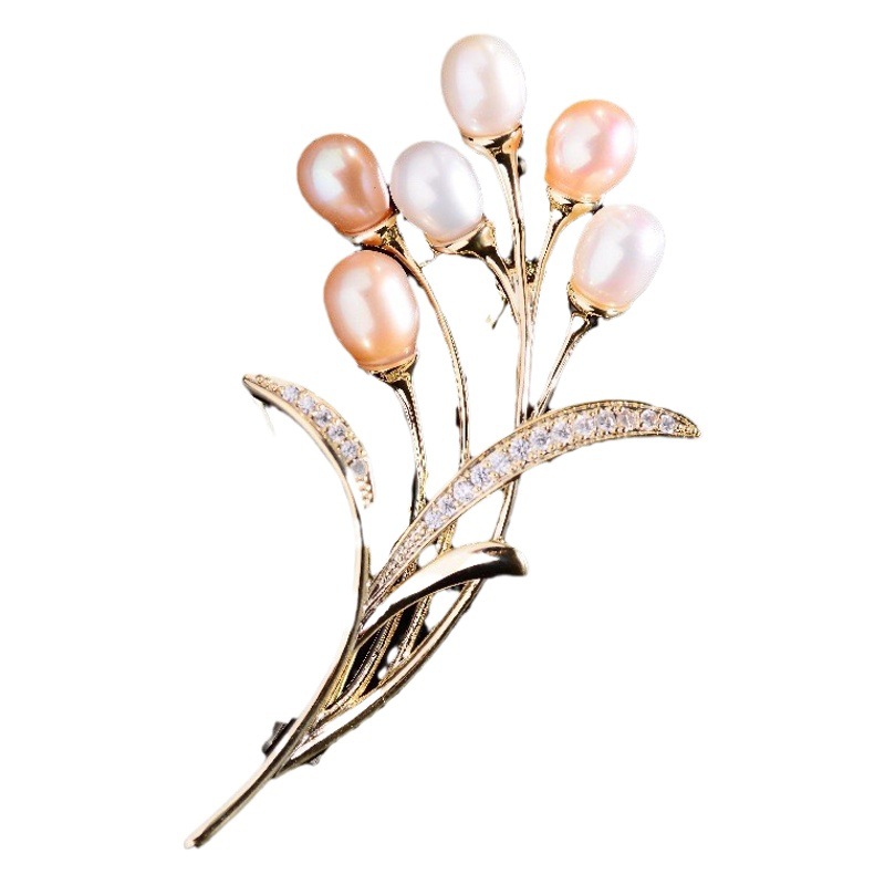 Picture of New style natural pearl bouquet copper brooch high sense female niche design pins Korean fashion chest ornaments wholesale