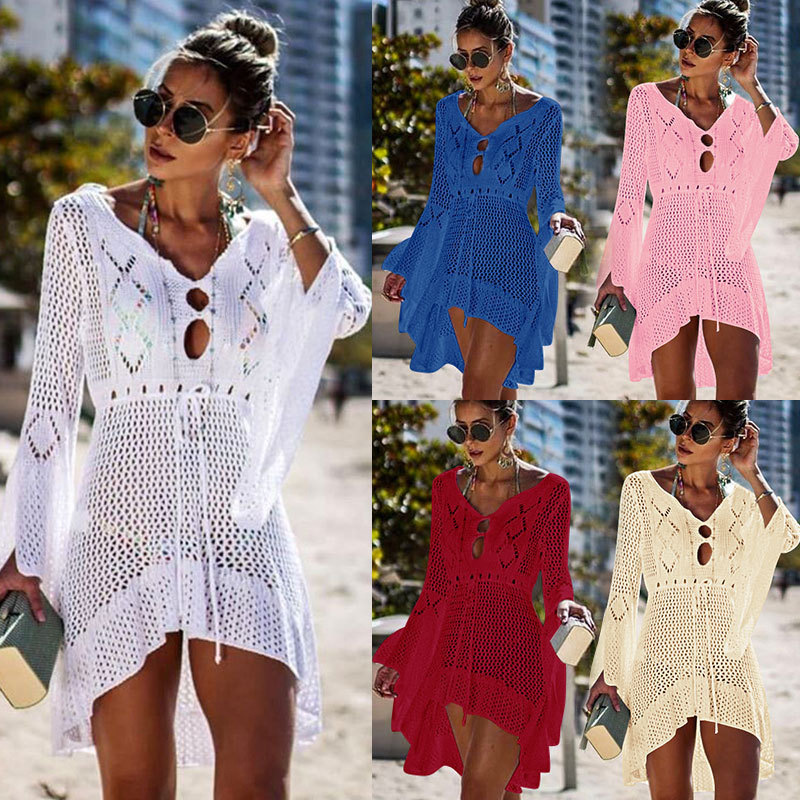 European and American New Hollow Knitted Dress Trumpet Sleeve Beach Coat Sexy Bikini Blouse Sun Protection Suit Swimwear