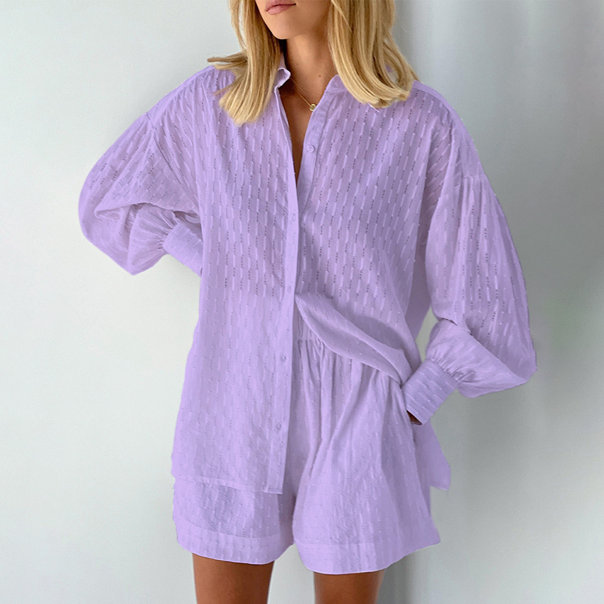 Picture of 2025 Amazon European and American Shirt Jacquard Bubble Sleeve Temperament Top Shorts Commuter Design Leisure suit