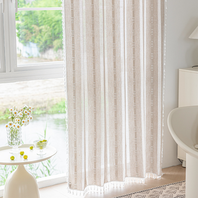 Picture of Cross-border exclusive for Nordic cotton and linen curtains multi-color solid color cotton and linen yarn semi-transparent bedroom living room floor curtains with yarn