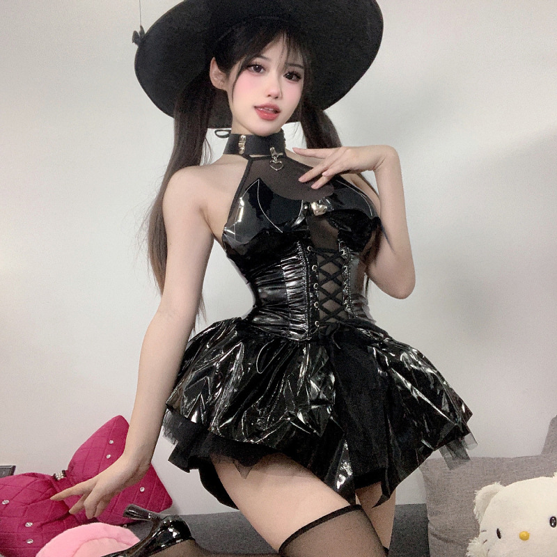 Imp Devil Leather Dress Sexy Gloss PU Neck Strap Skirt suit Japanese JK Uniform COS Second-Dimension Women's Dress