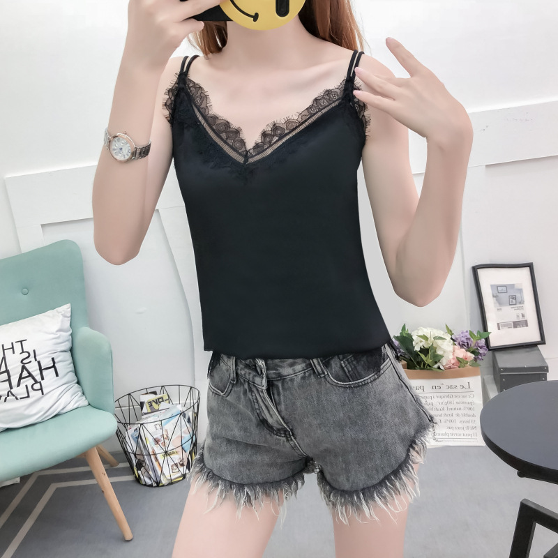 Tiktok sexy eyelash lace chiffon satin camisole women's double shoulder strap loose bottoming shirt top