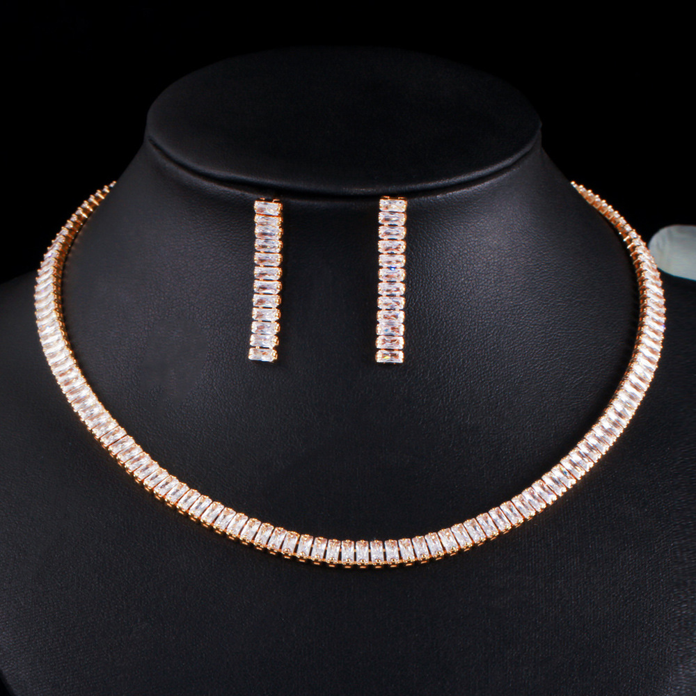 Cross-border New AliExpress Amazon Fashion Jewelry Ins Zircon Necklace Earrings Chain Wedding Wedding Accessories