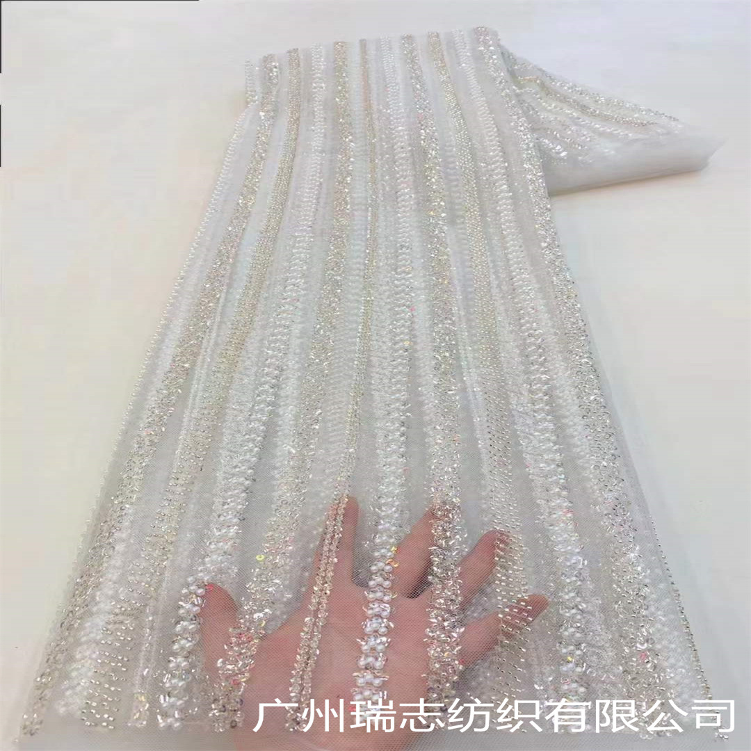 Picture of Bubble Stripe Crystal Sequins Beaded Tube Embroidered Mesh Fabric French Wedding Dress Xinjiang Hair Hat Dress Embroidered Cloth