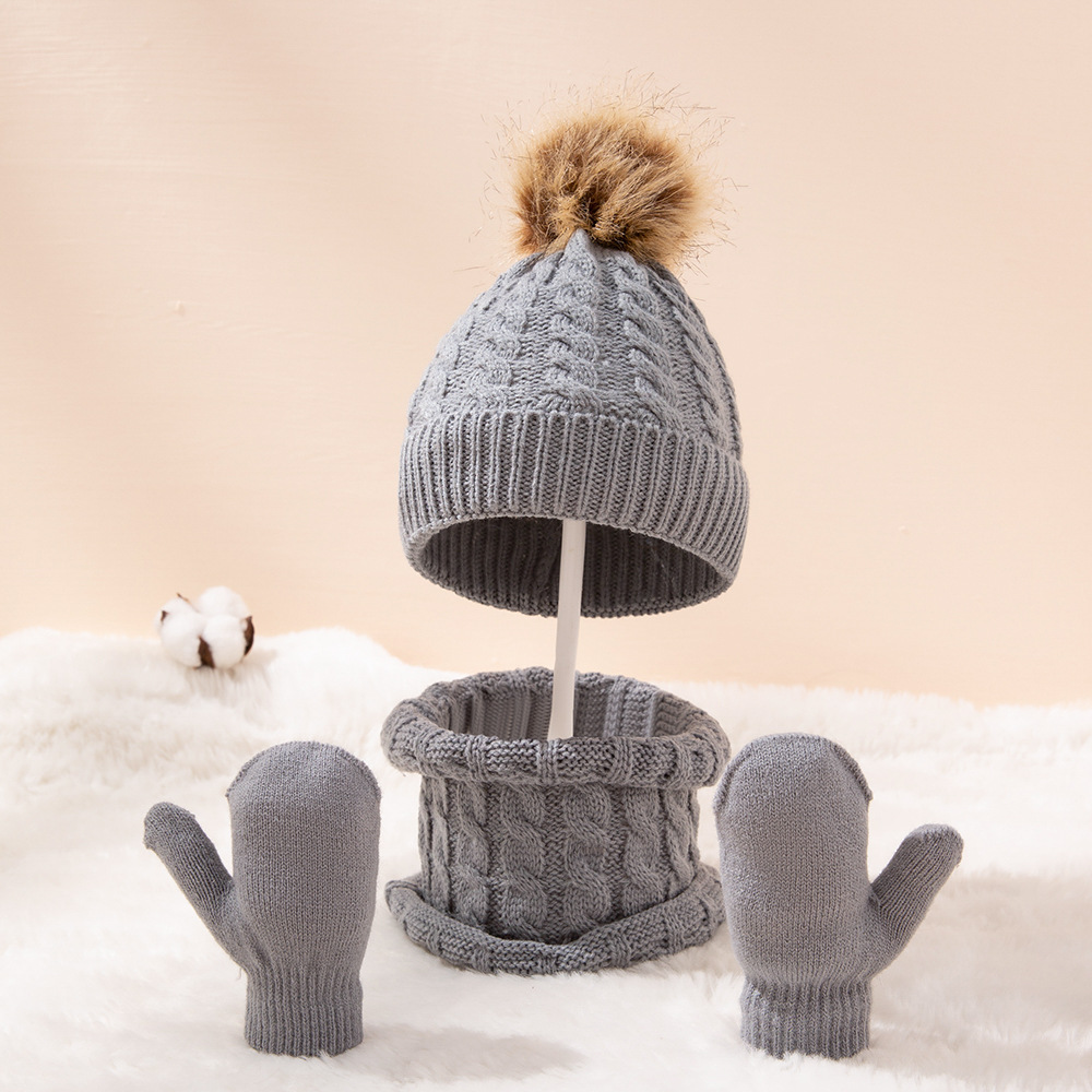 Picture of New wool monochrome twist warm children's hat scarf gloves two or three-piece spot children's hat set
