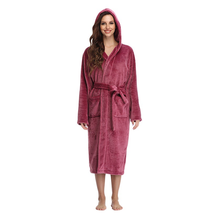 Amazon Cross-Border European and American Autumn and Winter Flannel Thickened Nightgown Extra Long Lace-Up Solid Color Hooded Bathrobe for Women