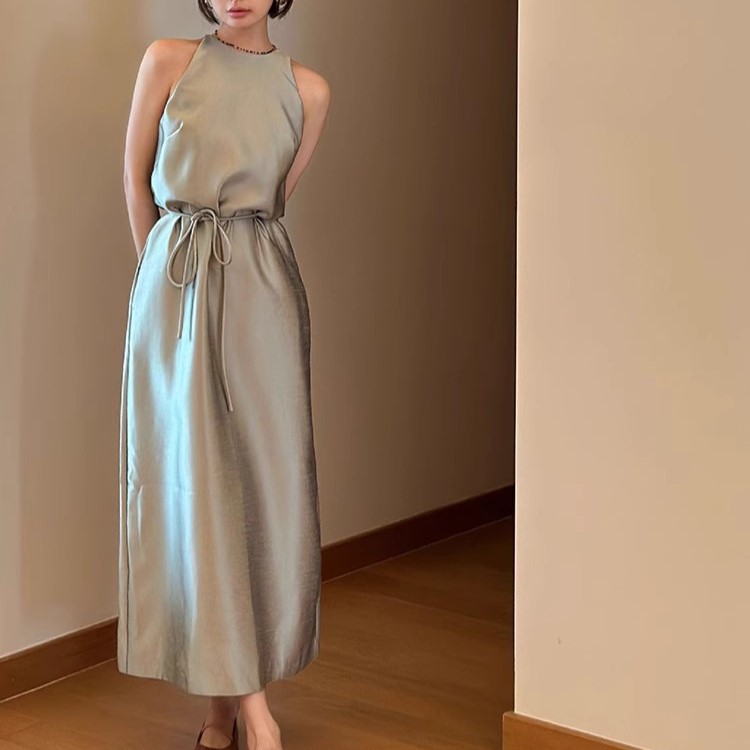 New Elegant French Style Romantic Retro Wear High-end Texture Grey Satin Sleeveless Dress Dress Women's Summer