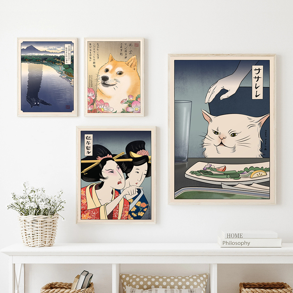 New Japanese geisha Samurai Cat sofa background canvas painting living room bedroom dining room decorative painting core wholesale