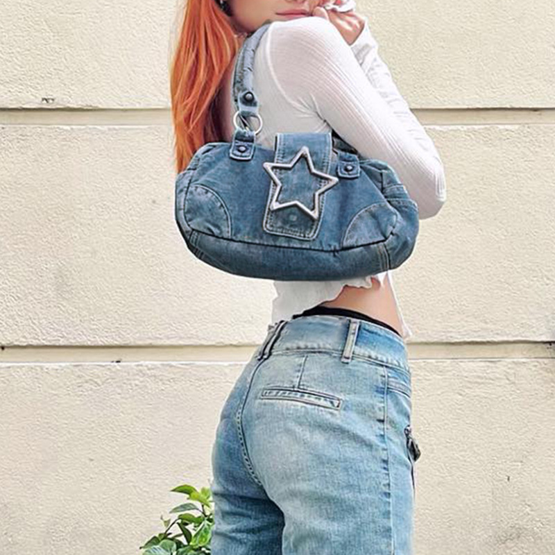 European and American fashion retro metal five-pointed star decoration Denim handbag women's all-match washed old shoulder underarm bag