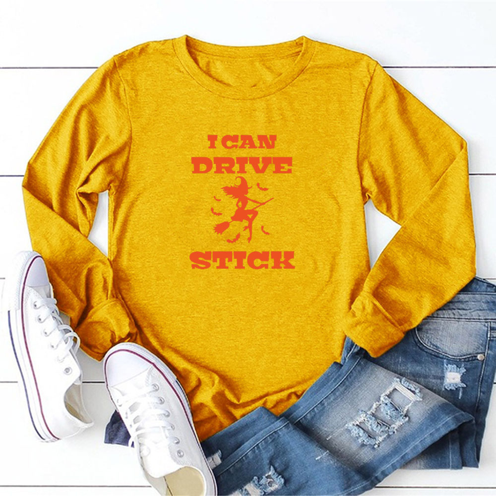 New I CAN STICK Letter Printed Crewneck Pullover Fresh and Sweet Long-Sleeved T-Shirt for Cross-Border Halloween