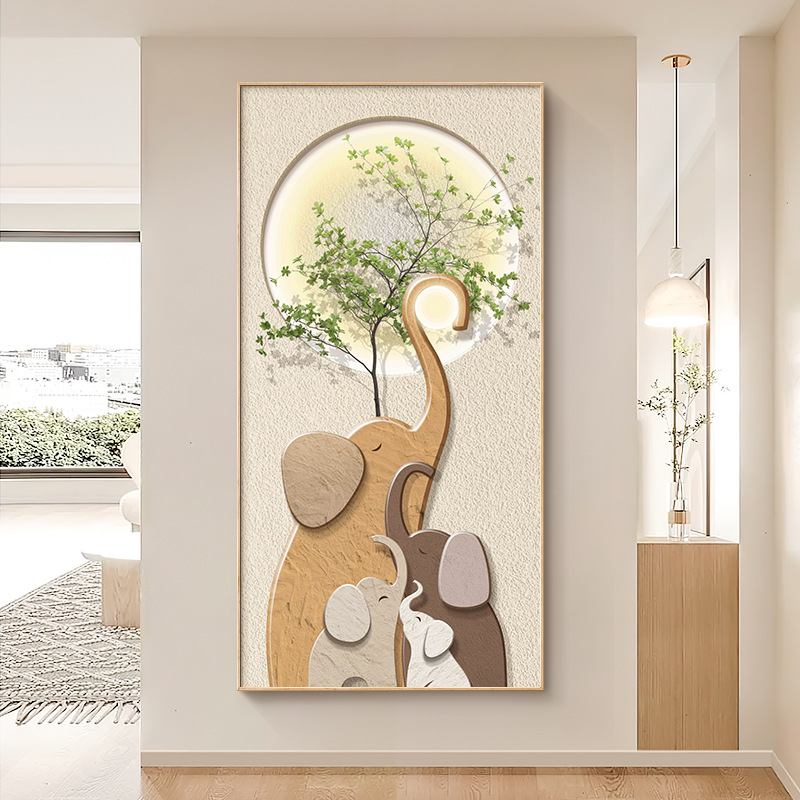 Modern Simple Entrance Hallway Decorative Painting Cream Elephant Corridor Hallway Hanging Painting Green Plant Vertical Edition Entrance Mural Painting