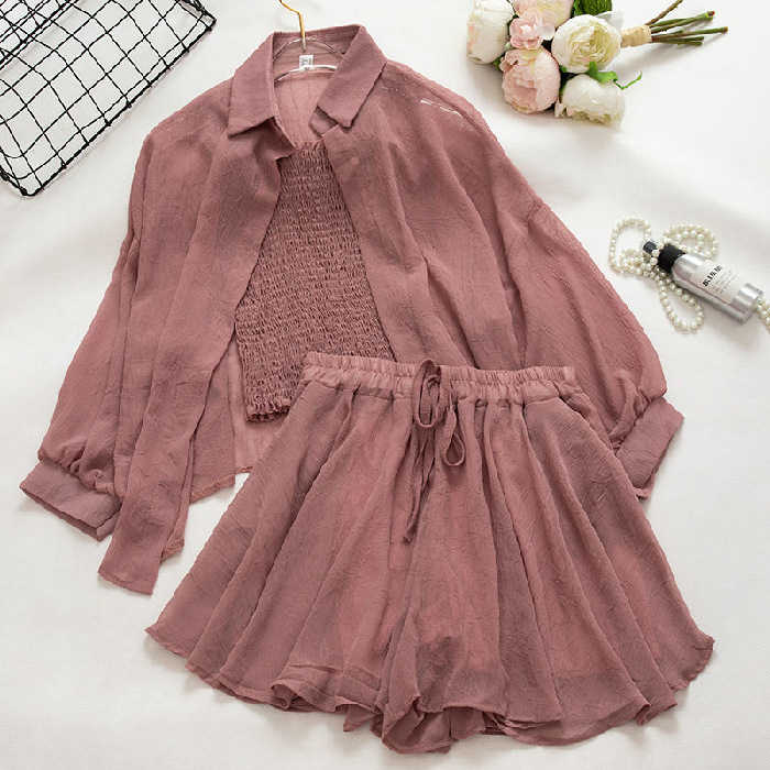 Picture of 2025 French Sun Protection Jacket Shorts Chiffon Clothes Elegant Suspender Top Suit Women's Spring and Summer Three-Piece Set