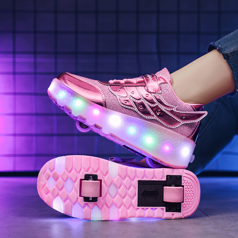 Cross-border flash light-emitting heloo shoes children's skates manufacturers wholesale foreign trade two-wheel student pulley shoe net