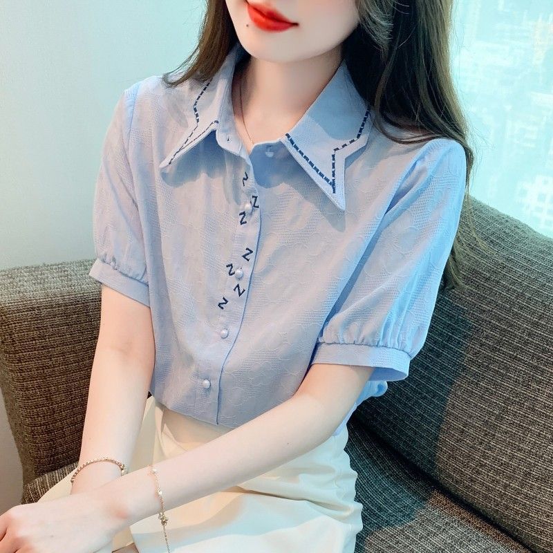 Summer 2025 New Women's Fashion Embroidered Cotton Shirt Women's Fashionable Cotton Shirt Age-Reducing Top Thin Section