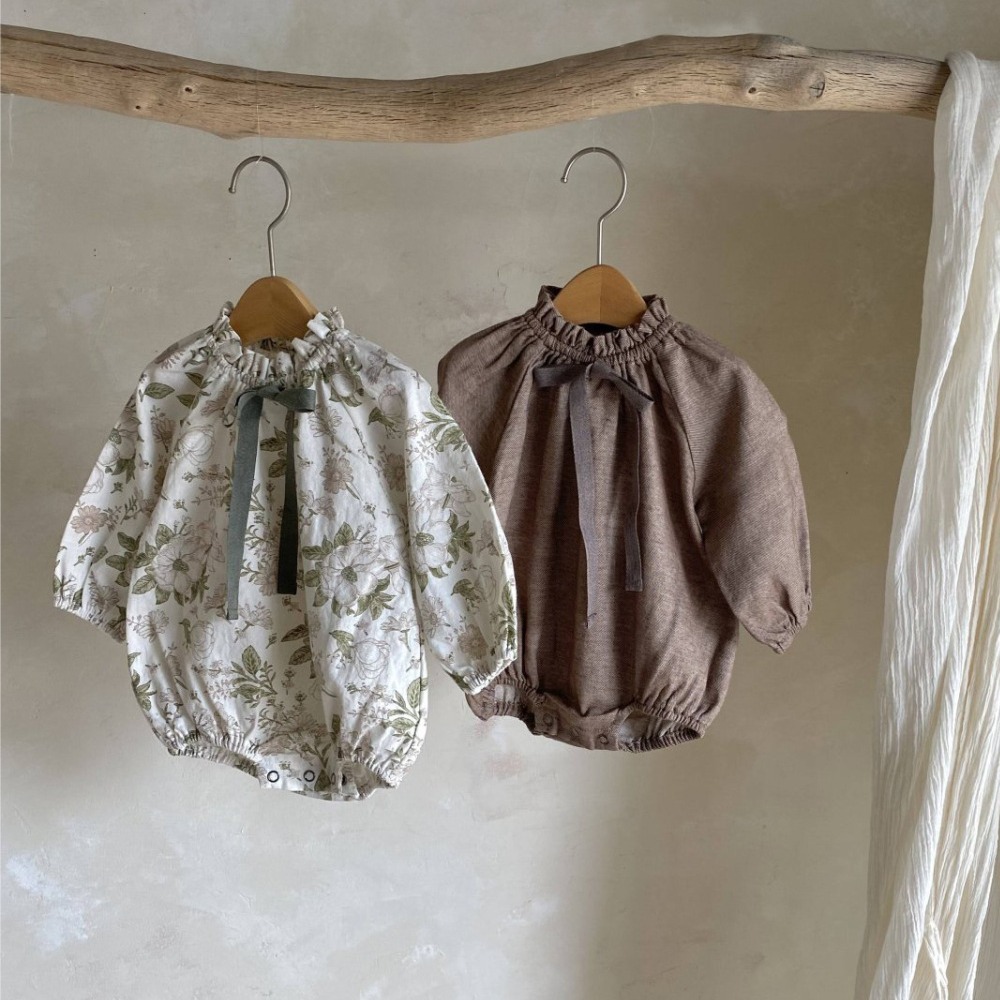 Baby Clothes Autumn Baby Girl Bud Collar Bow Lantern Sleeve Jumpsuit Newborn Clothes Triangle Crawl