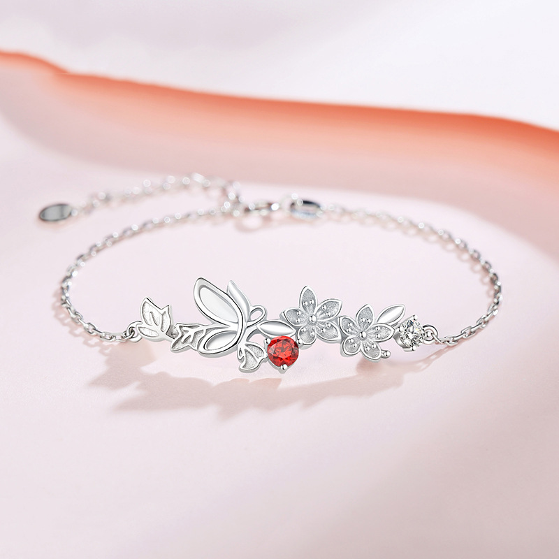 Korean Style Butterfly Peach Blossom Bracelet Women's Fashionable Small Fresh Red Diamond Flower Bracelet Simple Summer Girlfriend Bracelet for Girls