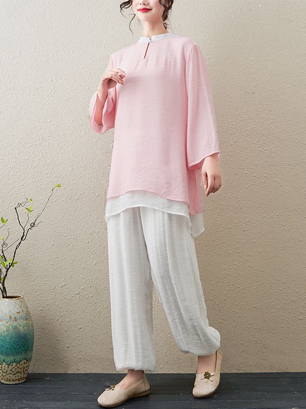Picture of 2024 Spring and Autumn New Literary Retro Loose Cotton and Linen Zen Tea Suit National Style Tai Chi Suit Yoga Wear Two-Piece Set
