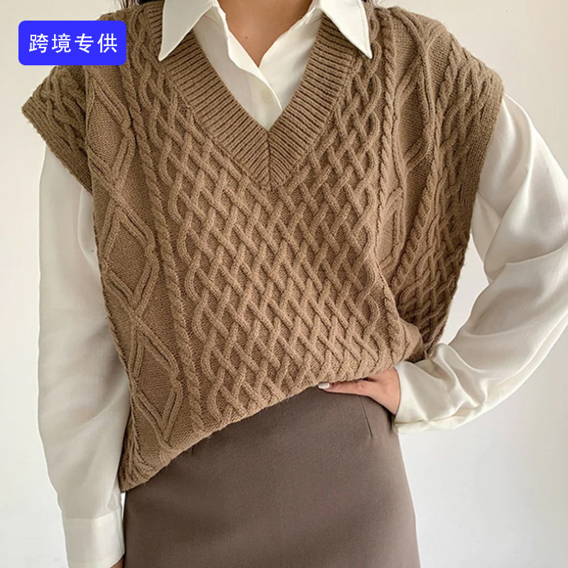 Picture of Ready-Made Sweater Customized Cross-Border Foreign Trade European and American Amazon Solid Color Cable Loose Casual Cable Knitted Vest for Women