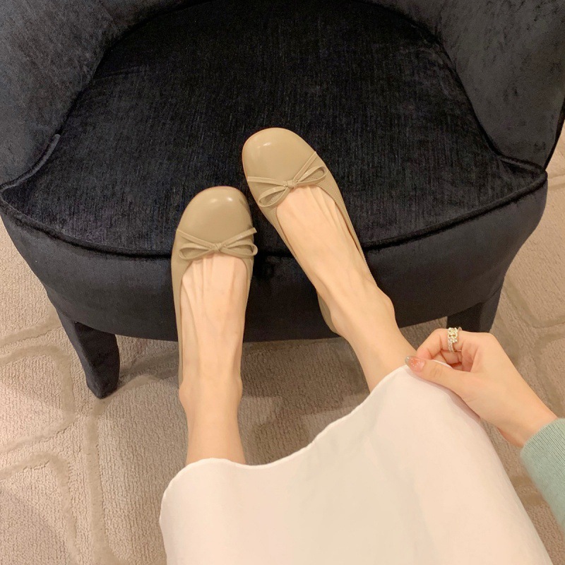 Women's sheepskin single-layer shoes with round toe shallow mouth bow leather all-match chunky heel commuter ballet shoes
