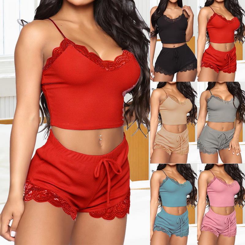 Women's summer sexy suspender shorts pajamas loose comfortable underwear lace lace lace-up home wear one-piece delivery