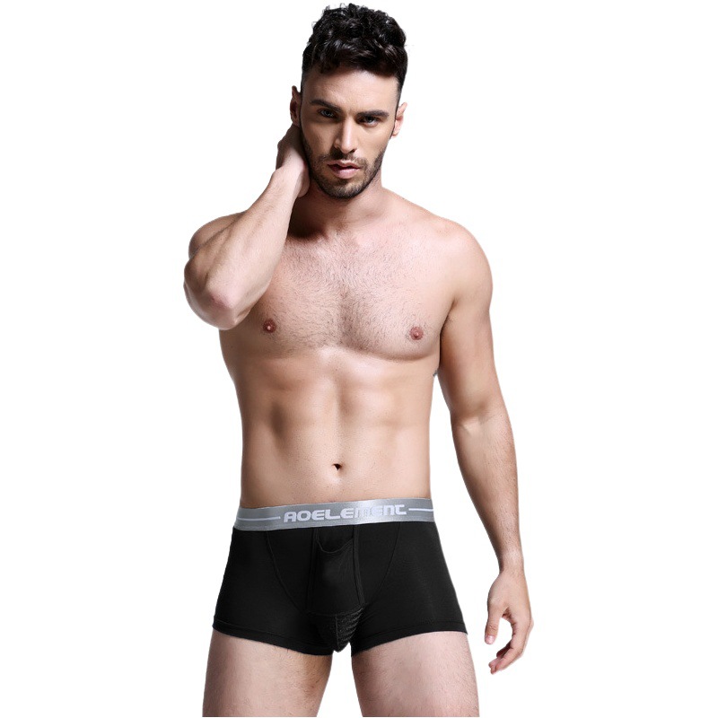 Men's Underwear with Scrotum Support, Ice Silk Mesh Pouch, Youth Bullet Modal U-Convex Separation Solid Color Boxer Briefs