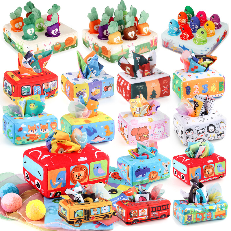 Cross-border hot sale Animal car tissue box baby cloth book hand tear-free silk scarf with pompom Montessori education