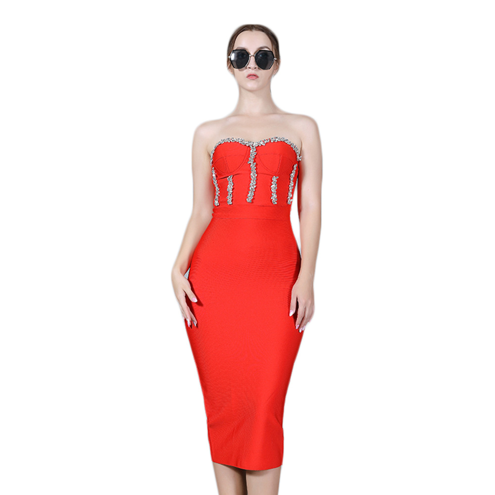 Picture of Foreign trade new solid color temperament strapless bandage skirt Europe and the United States sexy diamond party dress dress