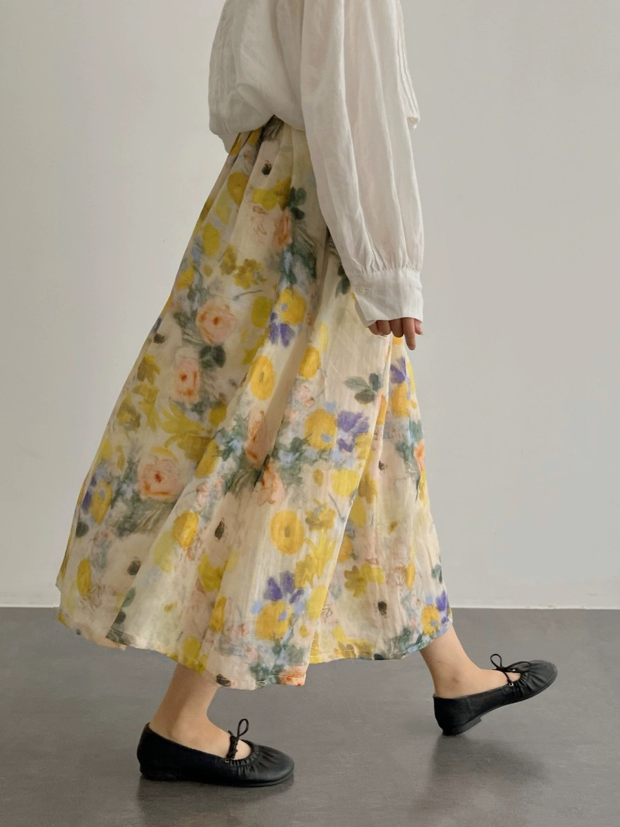 Garden Dream High Count Ramie Filter Oil Painting Smudged Style A-Line Mid-Length Skirt Spring and Summer Homemade