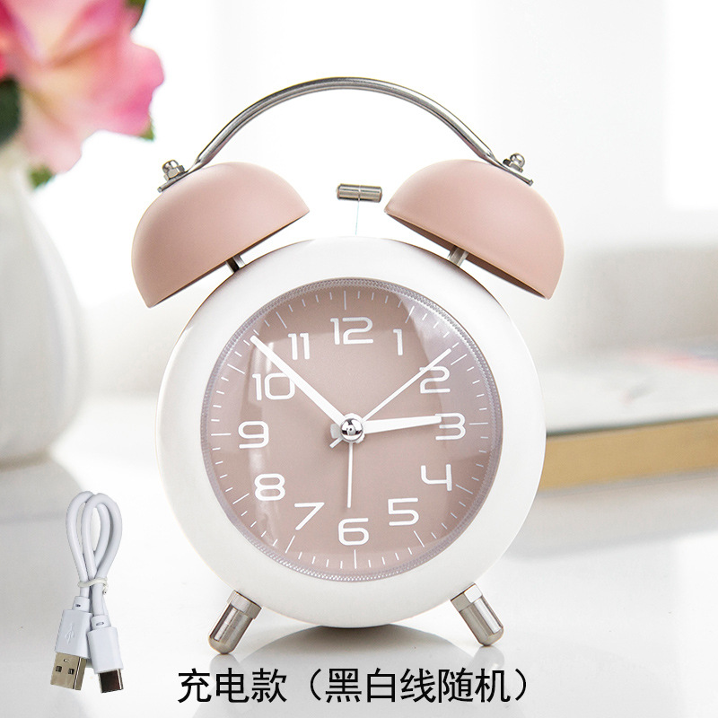 Powerful wake-up charging alarm clock simple student children's mechanical metal bell alarm clock silent night light bedroom clock