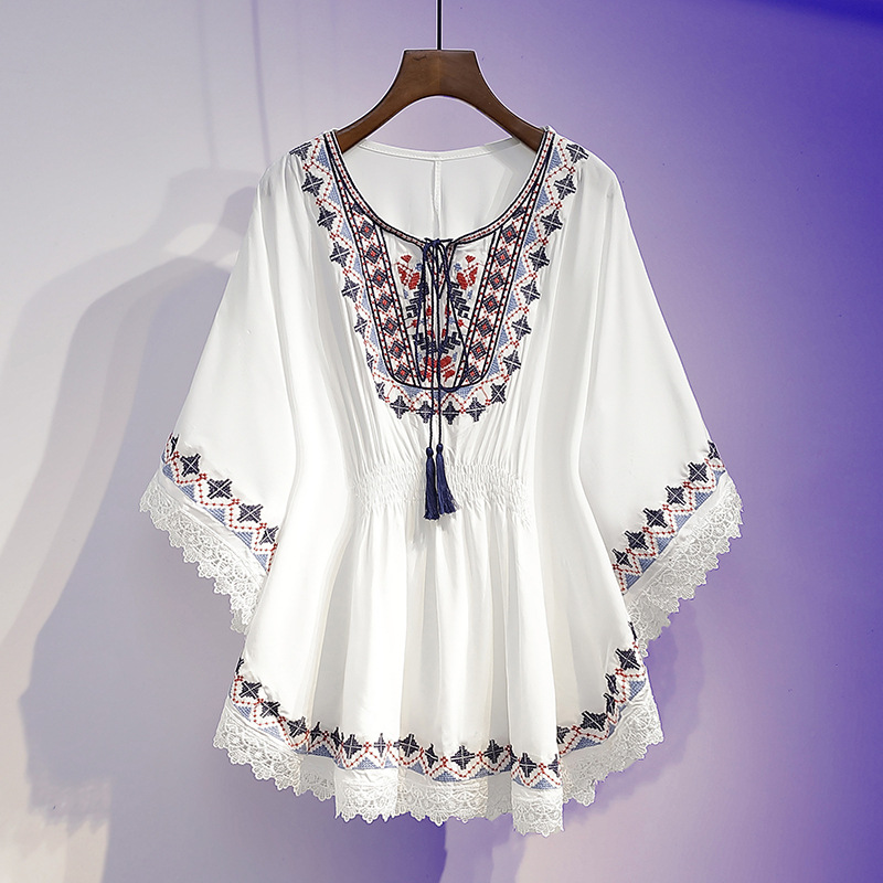 Picture of Summer fashion retro slimming top women's clothing fashionable age-reducing printed half sleeve round neck chiffon shirt top women's clothing