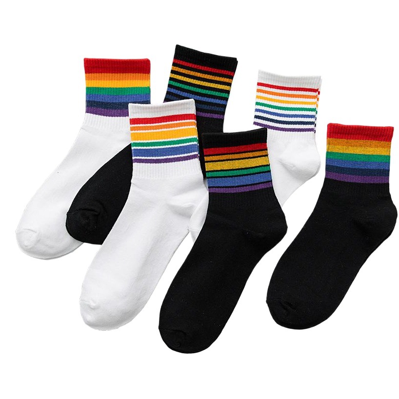Women's Mid-Calf Socks Autumn and Winter Long Socks Striped Rainbow Socks Japanese Street Style Trendy Women's High Cotton Socks