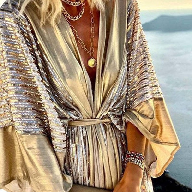 Picture of Wish Amazon AliExpress 2022 beads cardigan batwing sleeve party sequins dress tassel dress INS