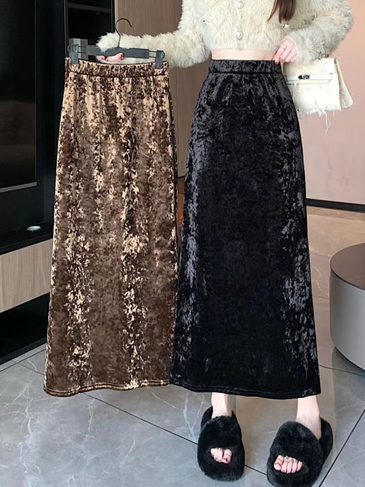 Golden Velvet Skirt Women's Autumn and Winter fleece-lined Thickened Slim-fit Hip Skirt Skirt Rear Split Straight Mid-length High Waist