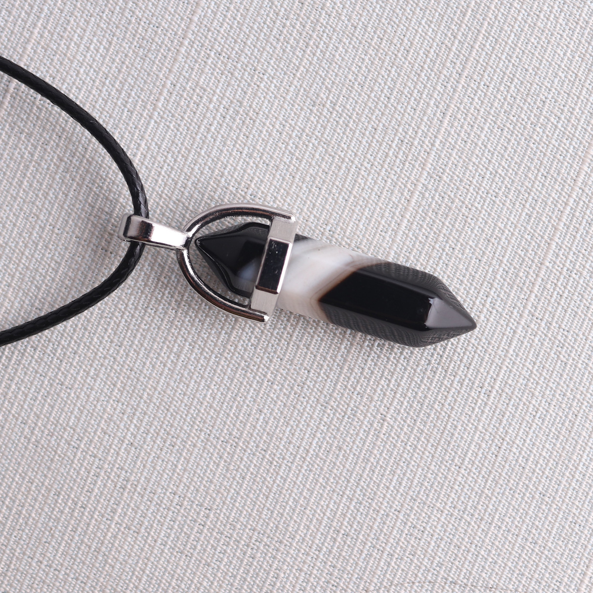 Picture of Natural Stone Hexagonal Pendant European and American Natural Crystal Hexagonal Prism Bullet Hexahedral Black Wax Rope Necklace